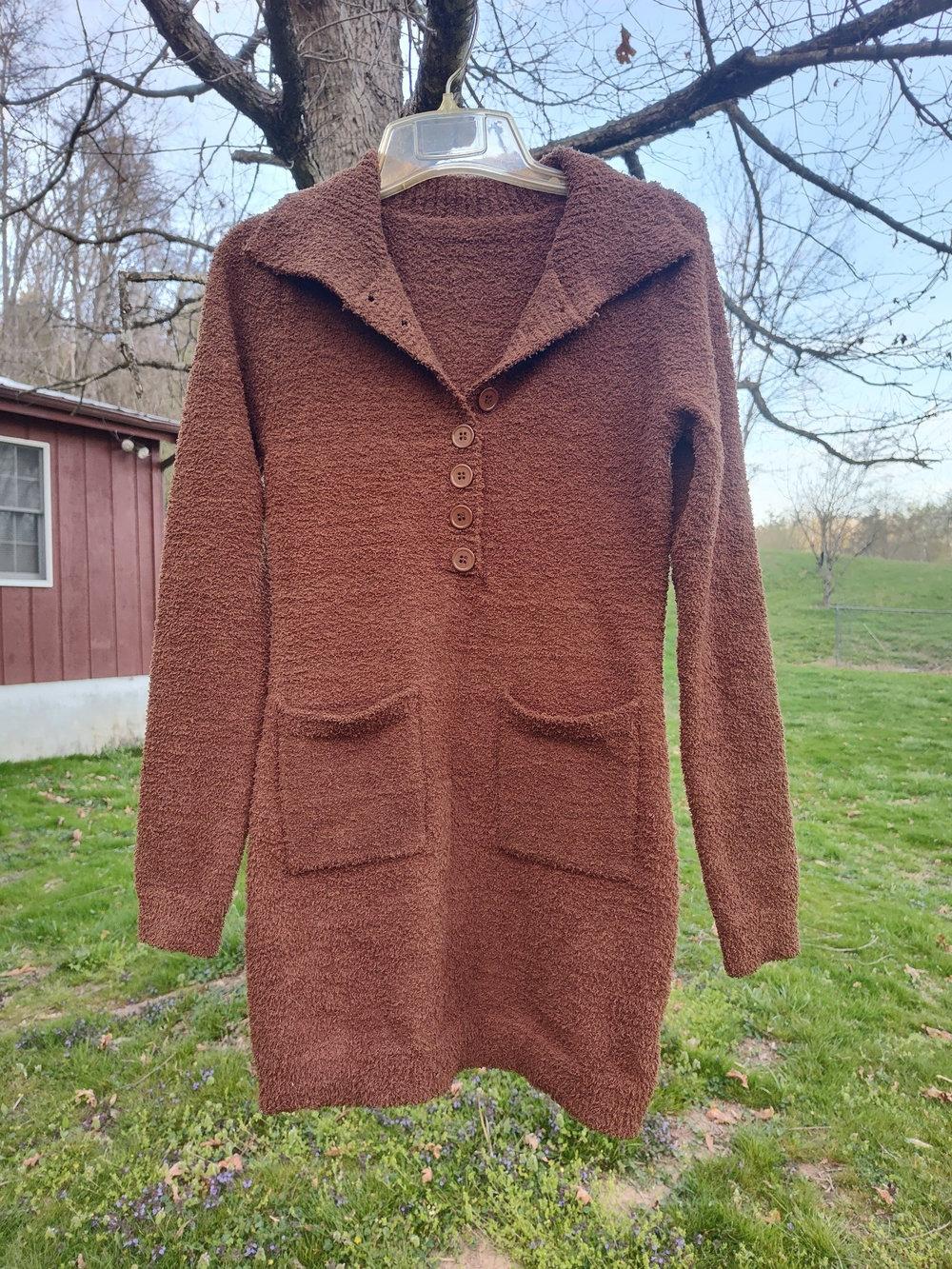 Cozy Brown Button-Up Knit Pocket Sweater Dress